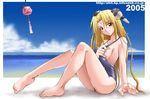  barefoot beach bell blonde_hair breasts cloud day feet galaxy_angel kaiga long_hair long_legs medium_breasts normad ocean one-piece_swimsuit outdoors ranpha_franboise sideboob sitting sky solo swimsuit very_long_hair water wet wind_chime 