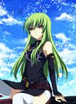  2boys bangs c.c. cameo cloud code_geass day detached_sleeves fabulous green_hair kururugi_suzaku lelouch_lamperouge long_hair lulucopter multiple_boys sitting sky spinzaku suzushiro_kurumi thighhighs when_you_see_it yellow_eyes 