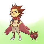  bird brown_hair cape gen_1_pokemon hitec male_focus moemon personification pokemon pokemon_(creature) shirt shorts socks spearow spiked_hair t-shirt wings 
