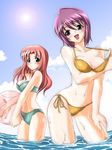  ball beachball bikini bikini_pull blue_eyes breasts cleavage cloud day gundam gundam_seed gundam_seed_destiny haro long_hair lunamaria_hawke medium_breasts meyrin_hawke midriff multiple_girls non-web_source outdoors pink_hair purple_hair short_hair siblings side-tie_bikini sisters sky swimsuit water wet 