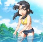  akiyama_otome bare_shoulders bikini_top black_hair closed_eyes cloud day denim denim_shorts midriff non-web_source pani_poni_dash! short_hair short_shorts shorts sky smile solo water 