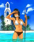  artist_name bad_id bad_pixiv_id beach bell bell_tower bikini black_hair blue_eyes breasts building cloud cowboy_shot day fish fishing hand_up holding holding_weapon long_hair looking_at_viewer medium_breasts mikisato mismatched_bikini mouth_hold navel original outdoors palm_tree polearm shading_eyes solo spear swimsuit tan tree wading water watermark weapon web_address wet 