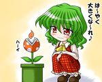  ascot blush_stickers bococho chibi crossover green_hair kazami_yuuka lowres mario_(series) piranha_plant plaid plaid_skirt plaid_vest red_eyes shoes short_hair skirt skirt_set slit_pupils smile solo squatting super_mario_bros. touhou translated vest 