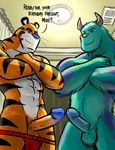  abs balls bgn biceps big_muscles big_penis black_fur blue_nose blue_penis crossover disney duo english_text erection feline frosted_flakes fur gay jockstrap kellogg's looking_at_viewer male mammal mascot mascots monster monsters_inc muscles nude pecs penis pixar pose sulley text tiger tony_the_tiger two_tone_penis underwear 