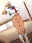  abs bed blush bottomless breasts condom condom_in_mouth covered_nipples covering_eyes dark_skin dutch_angle elena_(street_fighter) gureko_rouman highres large_breasts md5_mismatch mouth_hold muscle school_uniform serafuku short_hair skirt skirt_removed socks solo street_fighter street_fighter_iii_(series) white_hair 