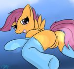  back_turned bedroom_eyes blush clitoris cutie_mark_crusaders equine feathers female friendship_is_magic fur hair hooves legwear looking_at_viewer looking_back lying mammal my_little_pony open_mouth orange_fur pegasus presenting purple_eyes purple_hair pussy raised_tail scootaloo scootaloo_(mlp) smile solo stockings vixy vixy_(artist) wings young 