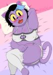  bed blush breasts catty_(undertale) cleavage clothed clothing ear_piercing fangs feline female highoncoffee lingerie looking_at_viewer lying mammal piercing solo undertale video_games yellow_sclera 
