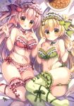  2girls :d :o apple_pie ass bangs bare_shoulders bed_sheet bikini blonde_hair bow bra breasts cleavage commentary_request double_bun eyebrows_visible_through_hair feet_out_of_frame fingernails frilled_bow frilled_bra frilled_legwear frilled_panties frills green_bow green_bra green_legwear green_panties hair_between_eyes hair_bow kouta. lying medium_breasts multiple_girls no_shoes on_back on_side original panties parted_lips pink_hair plate polka_dot polka_dot_bow polka_dot_bra polka_dot_panties red_bow red_bra red_panties smile strapless strapless_bikini swimsuit thighhighs underwear underwear_only white_legwear wrist_cuffs yellow_eyes 