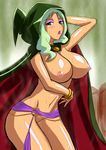  blush bracelet breasts cloak commentary_request cowboy_shot dark_skin eyeshadow from_side green_eyes green_hair green_hood hood hooded_cloak jewelry large_breasts lipstick looking_at_viewer looking_to_the_side majorina makeup naked_cloak navel nipples nyantamaran parted_lips precure purple_lipstick sash shiny shiny_skin smile_precure! solo stomach sweat 