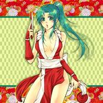  azuma_(eldorado) bad_id bad_pixiv_id blush cosplay fatal_fury gloves green_eyes green_hair higurashi_no_naku_koro_ni japanese_clothes long_hair pelvic_curtain ponytail shiranui_mai shiranui_mai_(cosplay) solo sonozaki_mion the_king_of_fighters yagasuri 