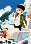  albino bird crab crop_top crustacean dolphin flat_chest hat highres houru jacket jellyfish midriff mole mole_under_eye original penguin red_eyes seashell shell short_hair shorts sitting solo white_hair 