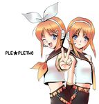  blue_eyes clone cosplay elpeo_puru gundam gundam_zz headphones headset izumi_rion kagamine_len kagamine_len_(cosplay) kagamine_rin kagamine_rin_(cosplay) midriff multiple_girls necktie one_eye_closed orange_hair parody puru_two short_hair smile v vocaloid 