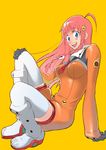  :d ahoge bad_id bad_pixiv_id blue_eyes boots choobackers32 jumpsuit leaning_back long_hair nono_(top_wo_nerae_2!) open_mouth pink_hair sitting smile solo squatting thigh_boots thighhighs top_wo_nerae_2! yellow_background 