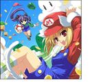  animal_ears blonde_hair cat_ears cat_tail cloud coin day genderswap gloves hat jpeg_artifacts luigi mario mario_(series) multiple_girls mushroom purple_hair super_mario_bros. super_mushroom tail 