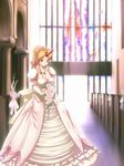  alternate_hairstyle blonde_hair breasts bride church cleavage dress elbow_gloves flower gloves highres horn hoshiguma_yuugi jewelry large_breasts necklace ponytail puffy_short_sleeves puffy_sleeves red_eyes rose short_sleeves solo tdk touhou wedding_dress white_flower white_rose 