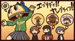  3girls ajirogasa amagi_yukiko black_hair blush_stickers brown_hair buttons charades chibi closed_eyes doujima_nanako eighth_note grey_hair hanamura_yousuke hat headphones headphones_around_neck heart helmet jacket juggernaut_(x-men) kuma_(persona_4) marvel multiple_boys multiple_girls musical_note narukami_yuu open_mouth perman_(series) perman_1 persona persona_4 riyo_(lyomsnpmp) satonaka_chie school_uniform serafuku skirt spoken_face suwa_mitsuo thought_bubble translated yasogami_school_uniform 