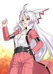  albino breasts cleavage cosplay fire fujiwara_no_mokou houtengeki long_hair medium_breasts red_eyes ribbon rugal_bernstein rugal_bernstein_(cosplay) solo the_king_of_fighters touhou white_hair 