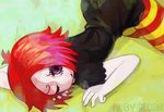  akkiyosu character_name lying multicolored multicolored_clothes multicolored_legwear one_eye_closed pantyhose purple_eyes red_hair ruby_gloom ruby_gloom_(character) solo striped striped_legwear 