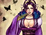  breasts bug butterfly claws cleavage hair_ornament insect kawamura_(pixiv11084) large_breasts licking lips mole mole_under_mouth nouhime_(sengoku_musou) purple_hair sengoku_musou solo upper_body 