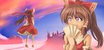  amano_takumi bow brown_hair detached_sleeves from_behind full_body hair_bow hair_tubes hakurei_reimu high_ponytail long_hair purple_eyes red_bow red_skirt skirt touhou upper_body white_sleeves 