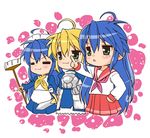  :3 ahoge alternate_costume armor artoria_pendragon_(all) cosplay enmaided fate/stay_night fate_(series) izumi_konata lucky_star madorosu_tomita maid mole mole_under_eye multiple_girls ryouou_school_uniform saber saber_(cosplay) school_uniform serafuku yellow_neckwear 