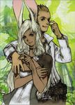  1girl animal_ears arm_around_neck balflear bunny_ears capelet choker couple dark_skin final_fantasy final_fantasy_xii fran hetero highres long_hair pinching scan viera yoshida_akihiko 