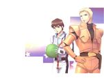  amuro_ray belt blonde_hair blue_eyes brown_hair bulletproof_vest char's_counterattack char_aznable crotch_seam gundam hand_on_hip haro holding holster izumi_rion looking_at_another looking_to_the_side male_focus multiple_boys open_mouth pilot_suit rivals shoulder_pads star star_(sky) white_background 