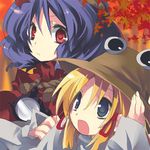  bad_id bad_pixiv_id blonde_hair eyes hanepochi hat leaf lowres moriya_suwako multiple_girls purple_hair ribbon rope short_hair touhou yasaka_kanako 