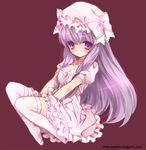  :o bad_id bad_pixiv_id bloomers blush bow breasts dress frilled_dress frills hair_bow hair_ribbon hat hat_bow lace lace-trimmed_dress large_breasts lolita_fashion long_hair patchouli_knowledge pink pink_dress puffy_sleeves purple_background purple_eyes purple_hair ribbon sakura_neko short_sleeves simple_background solo thighhighs touhou underwear v_arms watermark web_address white_legwear zettai_ryouiki 