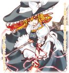  blonde_hair blush braid broom brown_eyes cowboy_shot electricity hase_nanase holding kirisame_marisa looking_at_viewer puffy_short_sleeves puffy_sleeves short_sleeves simple_background single_braid solo touhou white_background 