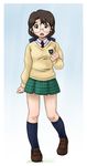  blue_background blue_legwear brown_hair code-e ebihara_chinami full_body glasses kneehighs loafers long_sleeves looking_at_viewer oreshika plaid pleated_skirt rimless_eyewear school_uniform shoes simple_background skirt solo standing sweater 