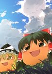  black_hair blonde_hair bow cloud day frilled_bow frills from_below grass hair_bow hakurei_reimu hat hat_bow kirisame_marisa no_humans red_bow sky sun-3 touhou white_bow witch_hat yellow_eyes yukkuri_shiteitte_ne 