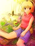  belt blonde_hair grass hairband higurashi_no_naku_koro_ni houjou_satoko red_eyes ruku_(alicecreation) short_hair shorts sitting sleeveless smile solo 