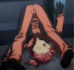  against_wall ass bodysuit breasts folded full_body gloves hair_ribbon jumpsuit looking_at_viewer mikogami_ranko one_eye_closed purple_eyes red_hair ribbon screencap short_hair side_ponytail sky_girls small_breasts solo stitched third-party_edit upside-down wince zipper 