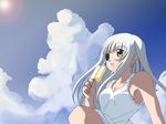  cinque_(nanoha) cloud day dress eyepatch food long_hair lyrical_nanoha mahou_shoujo_lyrical_nanoha_strikers numbers_(nanoha) popsicle ryuu-tan_(miuron) sansyodo sky solo sun wallpaper white_hair yellow_eyes 