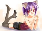  animal_ears ass breasts cleavage fox_(trickster) fox_ears glasses high_heels lying medium_breasts miniskirt mofmof_(sousa) on_stomach pencil_skirt purple_hair red_eyes shoe_dangle shoes single_shoe skirt solo strap_slip thighhighs trickster 