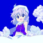  adapted_costume apron arms_behind_back bad_id bad_pixiv_id blue_eyes blue_vest cloud hat lavender_hair letty_whiterock looking_at_viewer midriff navel no_nose open_mouth sawayaka_samehada short_hair sky sleeveless smile solo touhou vest waist_apron wings younger 