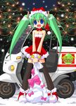  bare_shoulders blue_eyes christmas dress green_hair hat highres kazakami_shun long_hair melon-chan melonbooks ribbon santa_costume solo strapless strapless_dress thighhighs twintails 