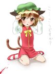  animal_ears blood blush brown_eyes brown_hair cat_ears cat_tail chen china_dress chinese_clothes dress fang hat koudesuka multiple_tails natsu_no_koucha nosebleed paw_pose ribbon short_hair solo tail touhou translated 