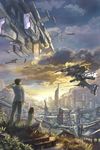  1girl city cityscape cloud highres k_kanehira original robot scenery science_fiction sky space_craft sunset 