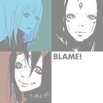  blame! blue character_name cibo closed_mouth copyright_name english expressionless face hair_between_eyes looking_at_viewer maeve_(blame!) monochrome multiple_girls nogoodlife pcell silicon_creature smile text_focus upper_body 
