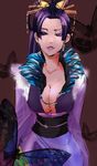  artist_request breasts cleavage earrings eyeshadow hair_ornament japanese_clothes jewelry large_breasts lipstick lowres makeup nouhime_(sengoku_musou) purple_eyes purple_hair sengoku_musou solo 
