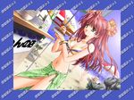  beach beach_chair beach_umbrella bikini bowl chopsticks flower food game_cg green_sarong hair_flower hair_ornament kimizuka_aoi long_hair non-web_source noodles ocean plate print_sarong red_hair rock sarong shinbashi_mina solo suki_da_yo! swimsuit translation_request umbrella yellow_eyes 