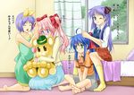  adjusting_hair alternate_hairstyle bad_id bad_pixiv_id barefoot blue_hair bonta-kun fujimori_mikan full_metal_panic! glasses hair_ribbon hiiragi_kagami hiiragi_tsukasa izumi_konata long_hair lucky_star mole mole_under_eye multiple_girls pink_hair purple_hair ribbon stuffed_animal stuffed_toy takara_miyuki teddy_bear translated twintails 