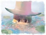  border brown_eyes brown_hair covered_mouth dated day face goriyaku hat jitome lily_pad looking_at_viewer moriya_suwako nature partially_submerged petals reflection shade solo torn_clothes torn_hat touhou water water_drop wet wet_hair white_border 