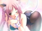  animal_ears bent_over blush brown_eyes cat_ears dungeon_crusaderz erika_rouleburg game_cg kittysuit m&amp;m one_eye_closed pantyhose pink_hair solo tail 