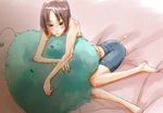  amasawa_yuuko bare_legs bare_shoulders barefoot bed_sheet blush brown_eyes brown_hair dennou_coil from_above full_body glasses heart mojo pillow pillow_hug short_hair solo twintails 