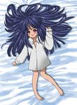  artist_request barefoot bed_sheet blue_hair dress_shirt furude_rika higurashi_no_naku_koro_ni long_hair lying purple_eyes shirt solo 