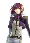  androgynous belt brooch brown_eyes brown_hair buckle cowboy_shot gem gundam gundam_00 jewelry looking_at_viewer male_focus otoko_no_ko purple_hair red_eyes shaded_face shoko_makiko simple_background solo tieria_erde white_background 