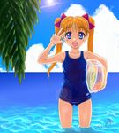  ball beachball blonde_hair blue_eyes lens_flare multicolored multicolored_eyes ocean one-piece_swimsuit original palm_tree purple_eyes school_swimsuit shiun signature solo swimsuit tree twintails v wading water 